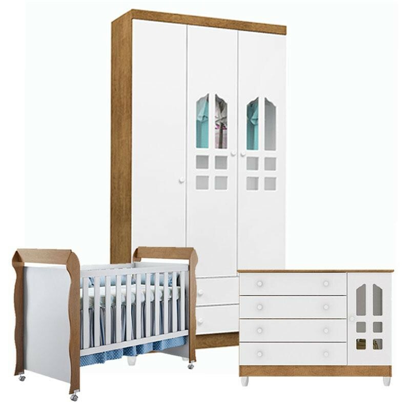 Quarto de Bebê Gran Selena 3 Portas com Berço Mirelle Branco Acetinado  Amadeirado Carolina.