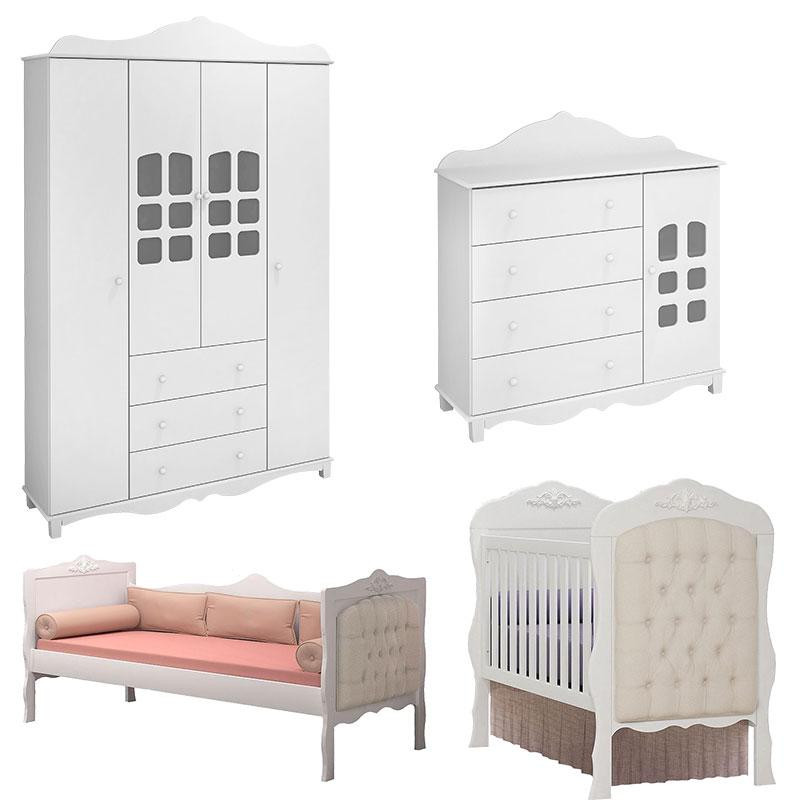 Quarto de Bebê Imperial 4 Portas com Berço e Cama Babá Realeza Acetinado  Capitone Branco – Canaã