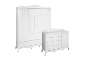 1Guarda Roupa 4 Portas e Cômoda Infantil Realeza Branco Acet