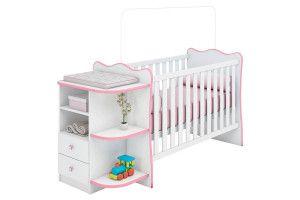 Berço Cômoda com Cantoneira Doce Sonho Branco Rosa Brilho –