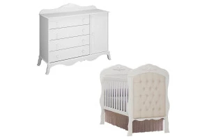 Berço Americano com Capitonê e Cômoda Infantil Realeza  Bran