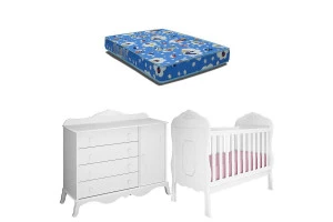Berço Americano com Colchão e Cômoda Infantil Realeza Branco
