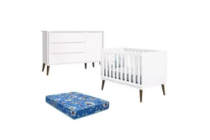 Berço Americano e Cômoda com Porta Infantil Theo Branco Acet
