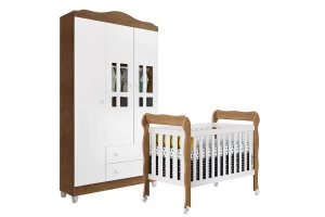 Berço Americano Lila e Guarda Roupa Infantil Ariel 3 Portas 
