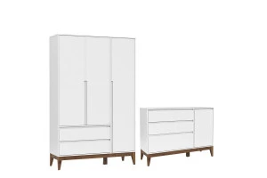 Cômoda com Porta e Guarda Roupa Nature Clean 3 Portas Branco