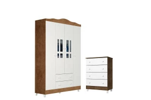 Cômoda Gaveteiro e Guarda Roupa Ariel 4 Portas Branco Acetin