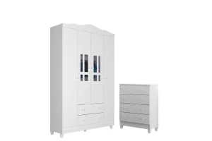 Cômoda Gaveteiro e Guarda Roupa Ariel 4 Portas Branco Brilho