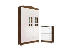 Cômoda Gaveteiro e Guarda Roupa Ariel Branco Acetinado Amade