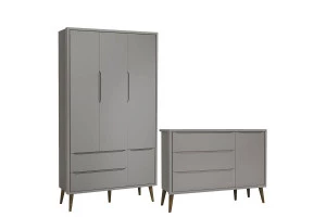 Cômoda Infantil com Porta e Guarda Roupa 3 Portas Theo Cinza
