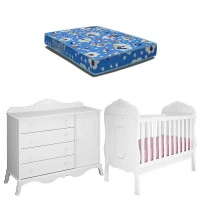 Berço Americano com Colchão e Cômoda Infantil Realeza Branco