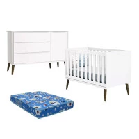 Berço Americano e Cômoda com Porta Infantil Theo Branco Acet