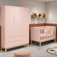 Berço Americano e Guarda Roupa 3 Portas Classic Rosa com Pés