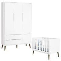 Berço Americano e Guarda Roupa 3 Portas Infantil Theo Branco
