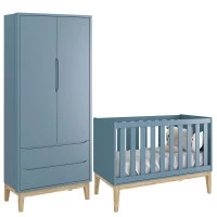 Berço Americano e Guarda Roupa Classic 2 Portas Azul com Pés