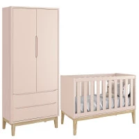 Berço Americano e Guarda Roupa Classic 2 Portas Rosa com Pés