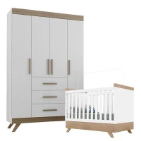 Berço Americano e Guarda Roupa Infantil Retrô Vitória Branco