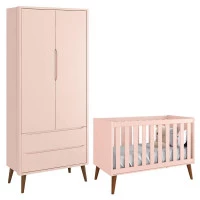 Berço Americano e Guarda Roupa Theo 2 Portas Rosa com Pés Am