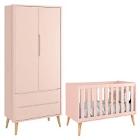 Berço Americano e Guarda Roupa Theo 2 Portas Rosa com Pés Ma