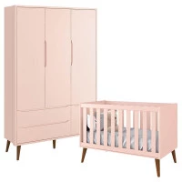 Berço Americano e Guarda Roupa Theo 3 Portas Rosa com Pés Am