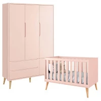 Berço Americano e Guarda Roupa Theo 3 Portas Rosa com Pés Ma