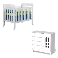 Berço Americano Lila e Cômoda Infantil Selena Branco Brilho 