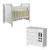 Berço Americano Mirelle e Cômoda Infantil Selena Branco Bril
