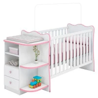 Berço Cômoda com Cantoneira Doce Sonho Branco Rosa Brilho –