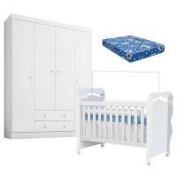 BERÇO-NEW-NANDA-COM-GUARDA-ROUPA-ALICE-BRANCO-BRILHO-COLCHÃO