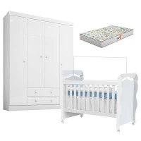BERÇO-NEW-NANDA-COM-GUARDA-ROUPA-ALICE-BRANCO-BRILHO-COLCHÃO
