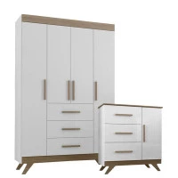 Cômoda e Guarda Roupa Infantil Retrô Vitória Branco Brilho W