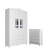 Cômoda Gaveteiro e Guarda Roupa Ariel 4 Portas Branco Brilho