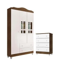 Cômoda Gaveteiro e Guarda Roupa Ariel Branco Acetinado Amade