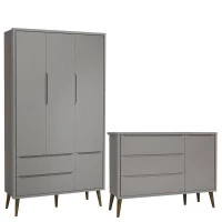 Cômoda Infantil com Porta e Guarda Roupa 3 Portas Theo Cinza