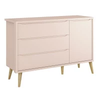 Cômoda Theo 1 Porta Rosa com Pés Madeira Natural – Reller