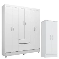 Guarda Roupa Flash 2 e Armário Multiuso Viena Branco Brilho 