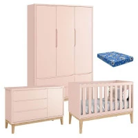 Quarto-de-Bebe-Classic-3-Portas-com-Colchao-e-Comoda-Rosa-Pé