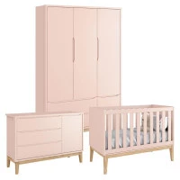 Quarto de Bebê Classic 3 Portas Rosa com Pés Madeira Natural