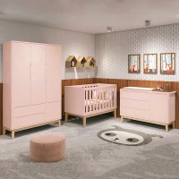 Quarto de Bebê Classic 3 Portas Rosa com Pés Madeira Natural