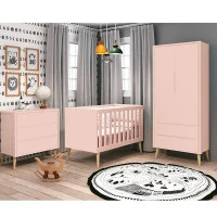 Quarto de Bebê Theo 2 Portas Rosa com Pés Madeira Natural Am