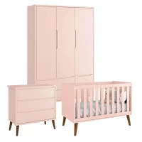 Quarto de Bebê Theo 3 Portas Cômoda Gaveteiro Rosa com Pés A