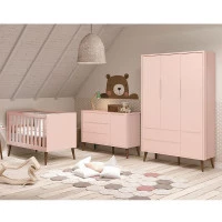 Quarto de Bebê Theo 3 Portas Rosa com Pés Amadeirados – Rell