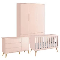 Quarto de Bebê Theo 3 Portas Rosa com Pés Madeira Natural – 
